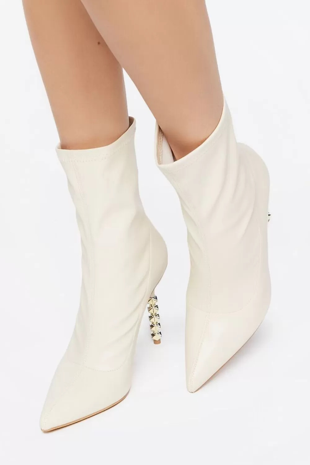 Boots + Booties>Forever 21 Faux Leather Studded Heel Booties White