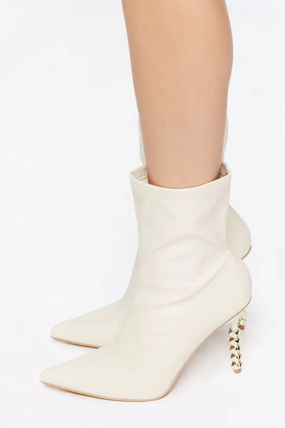 Boots + Booties>Forever 21 Faux Leather Studded Heel Booties White