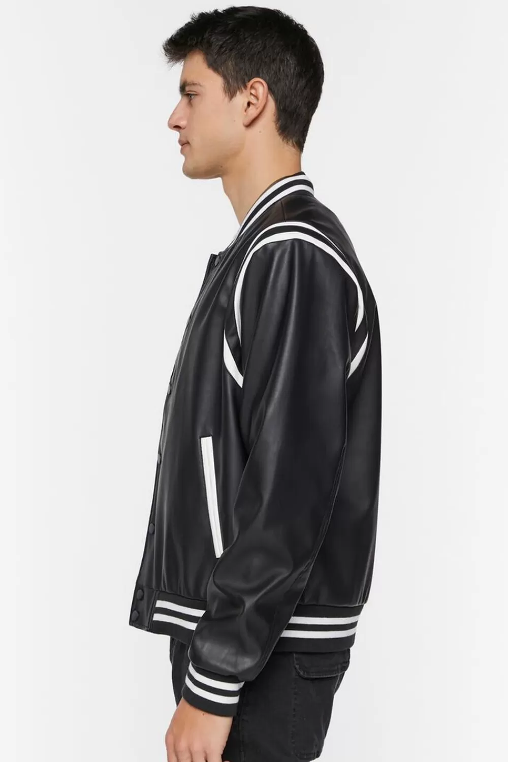 Jackets + Outerwear>Forever 21 Faux Leather Varsity Jacket Black/White