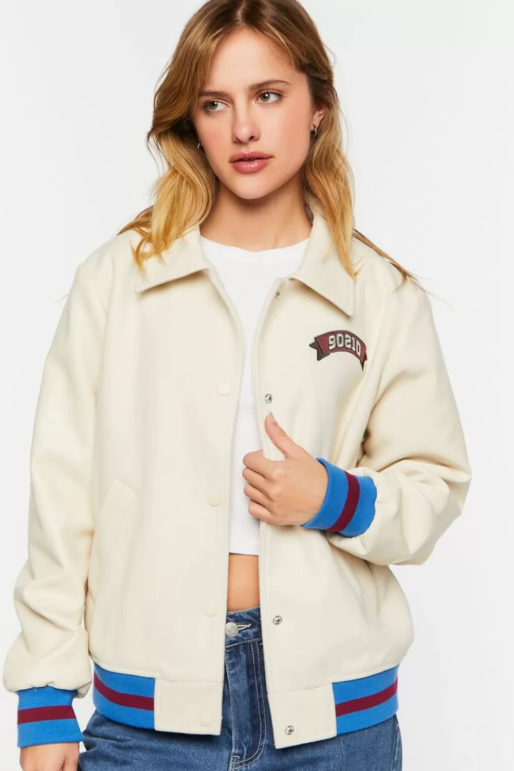 Jackets + Outerwear>Forever 21 Faux Leather Varsity-Striped Tennis Jacket Ivory