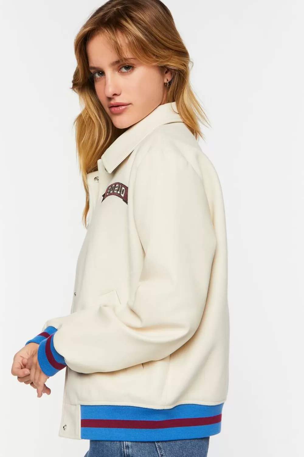 Jackets + Outerwear>Forever 21 Faux Leather Varsity-Striped Tennis Jacket Ivory