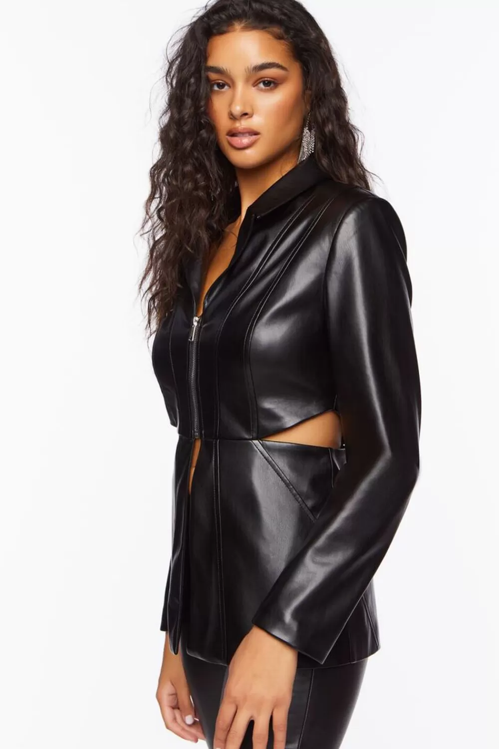 Jackets + Outerwear>Forever 21 Faux Leather Zip-Front Cutout Blazer Black