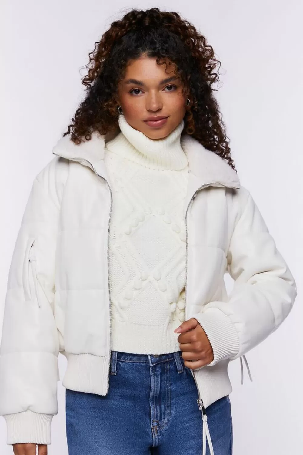 Jackets + Outerwear>Forever 21 Faux Leather Zip-Up Puffer Jacket Cream