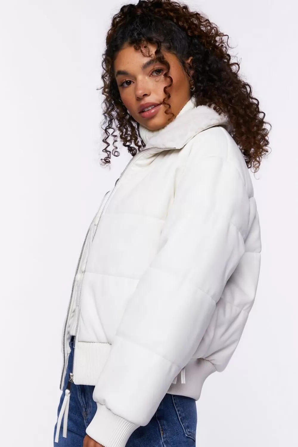 Jackets + Outerwear>Forever 21 Faux Leather Zip-Up Puffer Jacket Cream