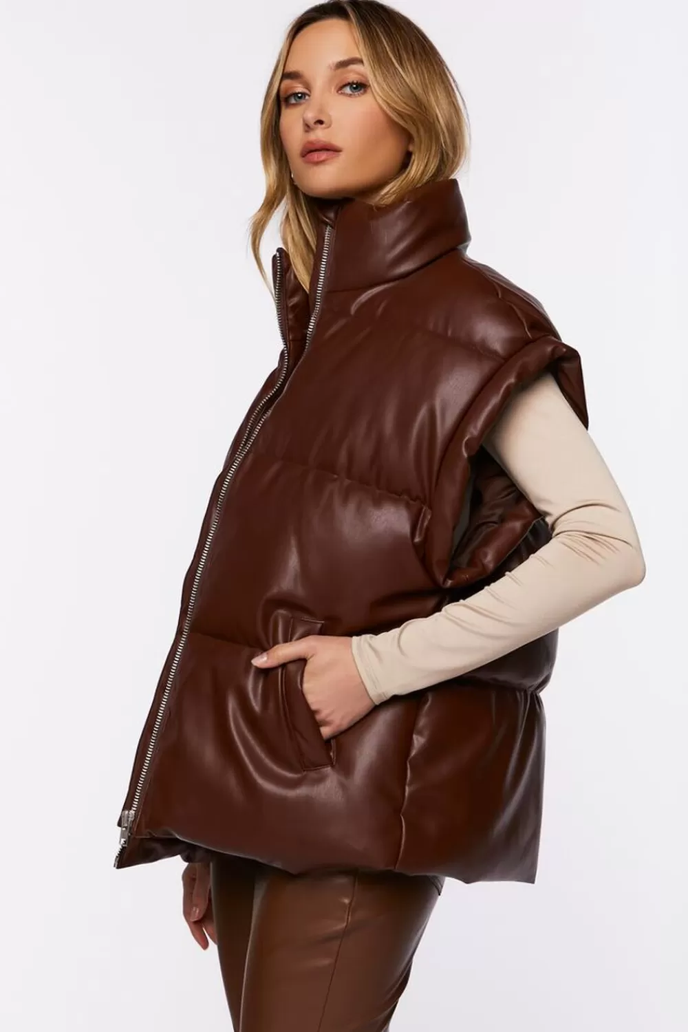 Jackets + Outerwear>Forever 21 Faux Leather Zip-Up Puffer Vest Brown