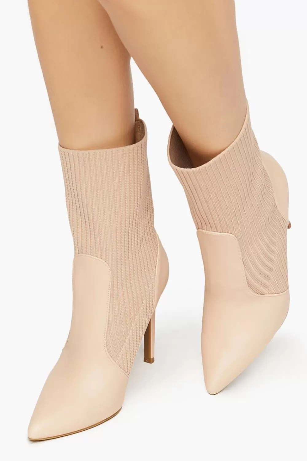 Boots + Booties>Forever 21 Faux Leather-Trim Sock Booties Nude