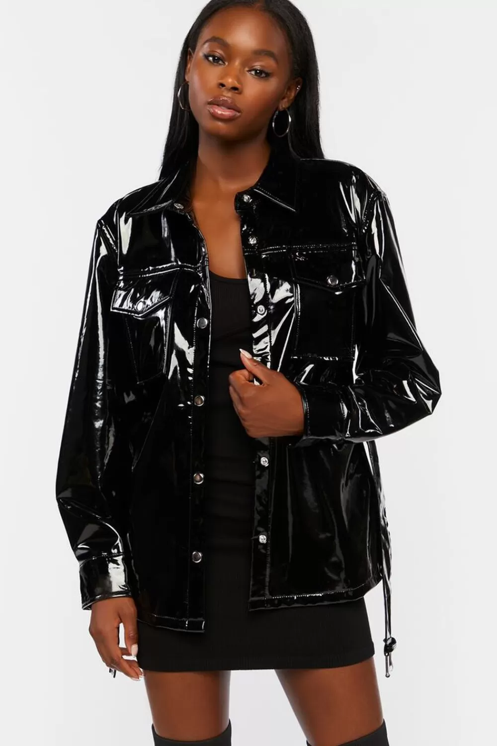 Jackets + Outerwear>Forever 21 Faux Patent Leather Belted Jacket Black