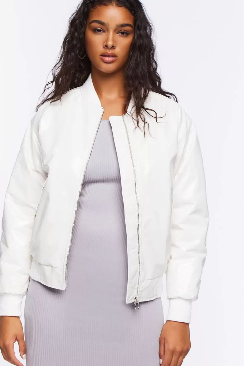 Jackets + Outerwear>Forever 21 Faux Patent Leather Bomber Jacket Overcast
