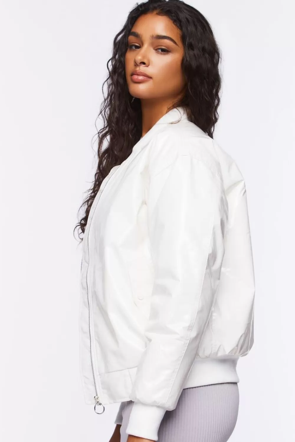 Jackets + Outerwear>Forever 21 Faux Patent Leather Bomber Jacket Overcast