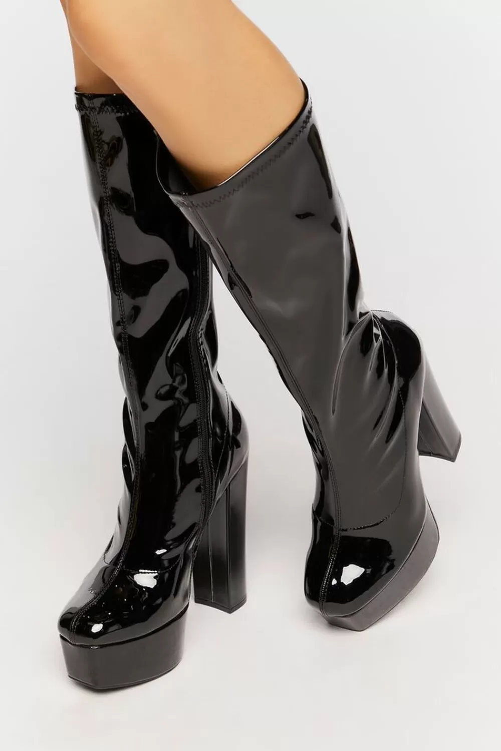 Boots + Booties>Forever 21 Faux Patent Leather Calf-High Boots Black