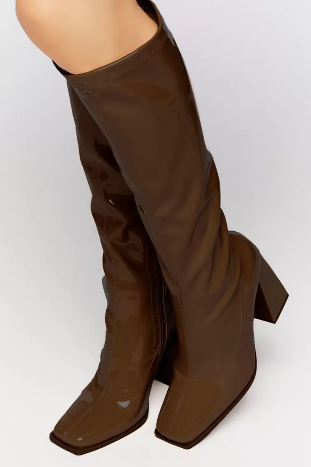 Boots + Booties>Forever 21 Faux Patent Leather Knee-High Boots Brown