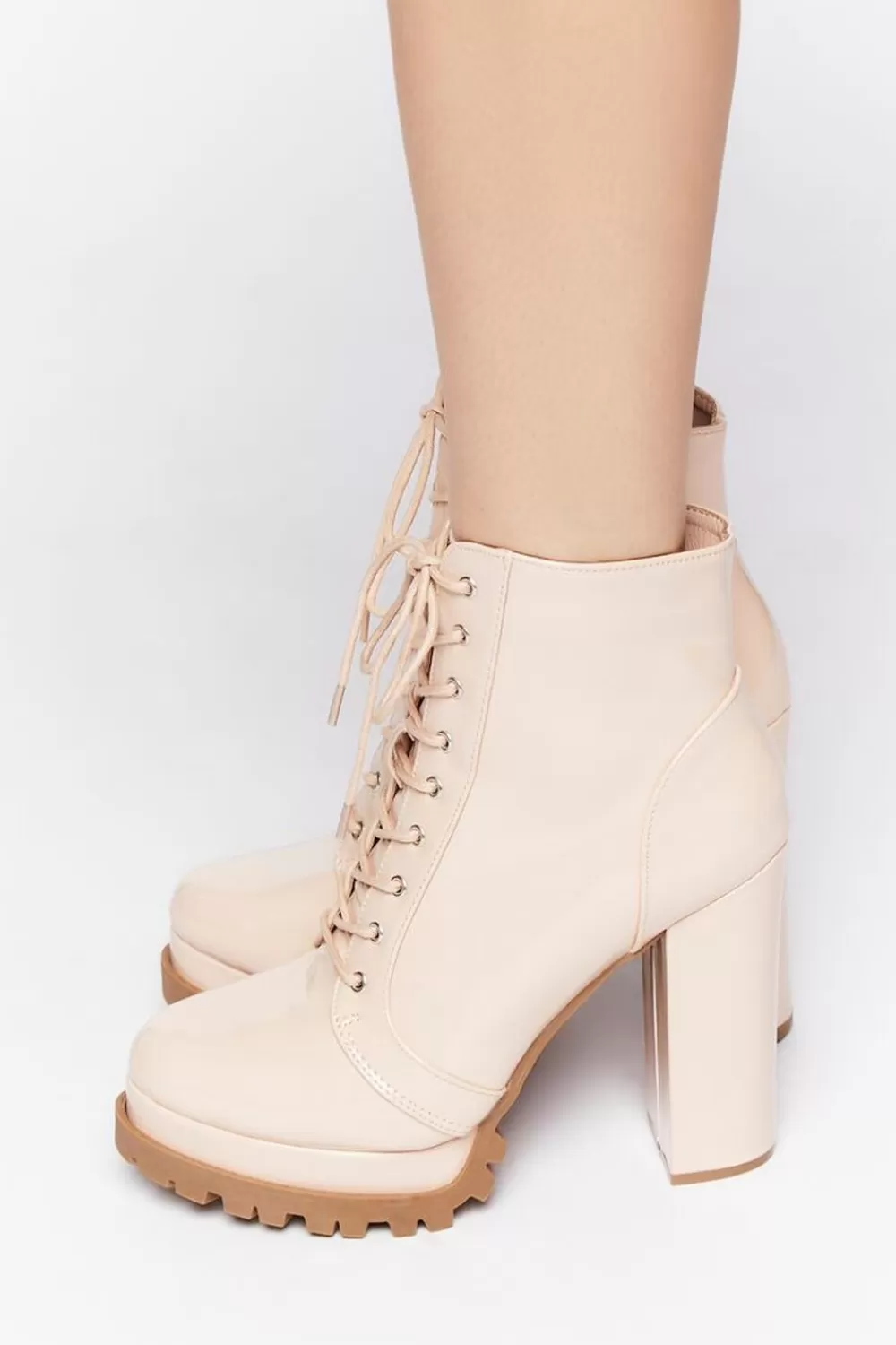 Boots + Booties>Forever 21 Faux Patent Leather Lace-Up Booties Nude