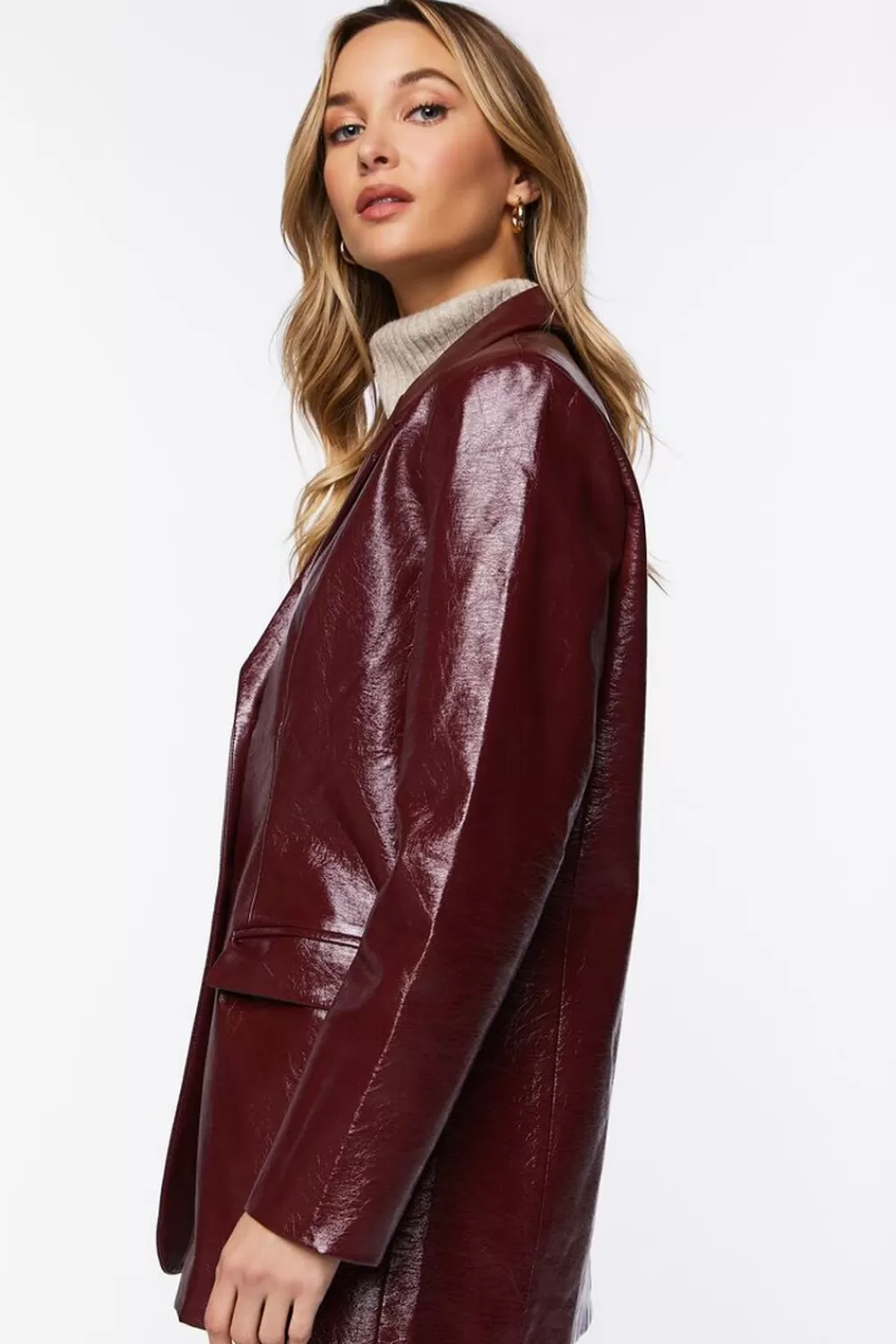 Jackets + Outerwear>Forever 21 Faux Patent Leather Notched Blazer Burgundy