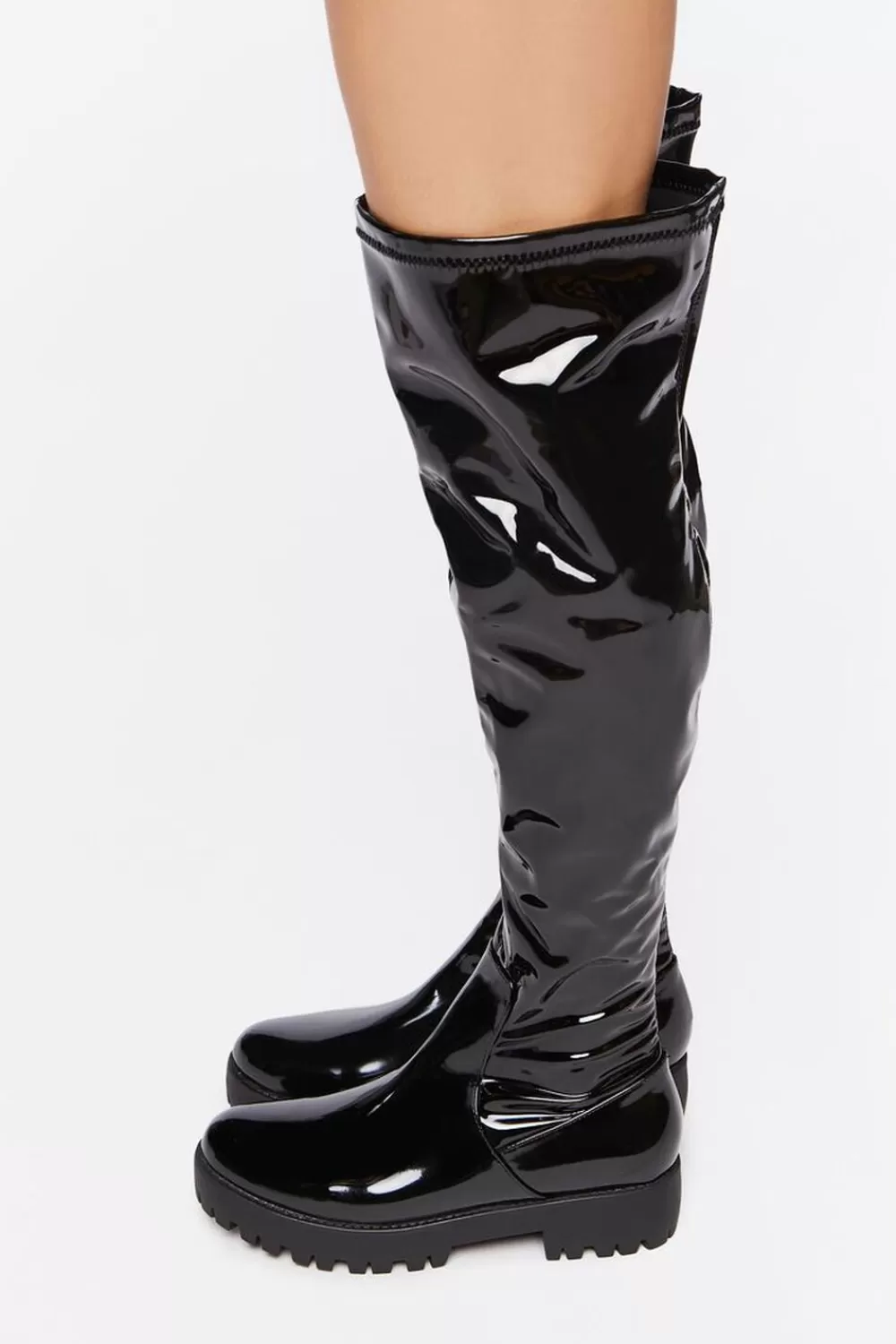 Boots + Booties>Forever 21 Faux Patent Leather Over-The-Knee Boots Black