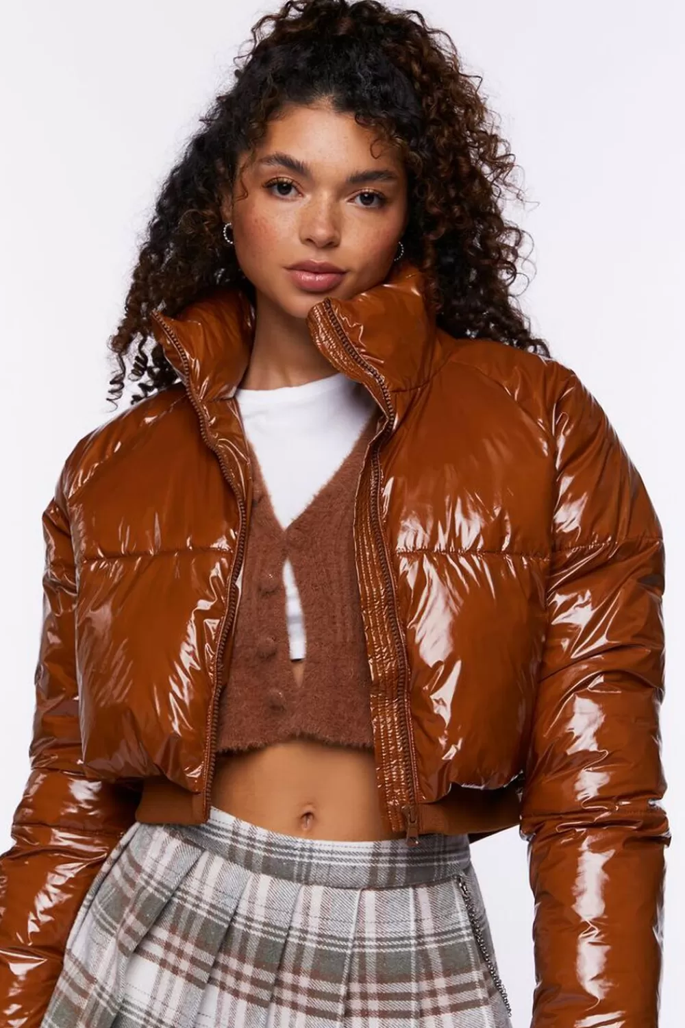 Jackets + Outerwear>Forever 21 Faux Patent Leather Puffer Jacket Brown