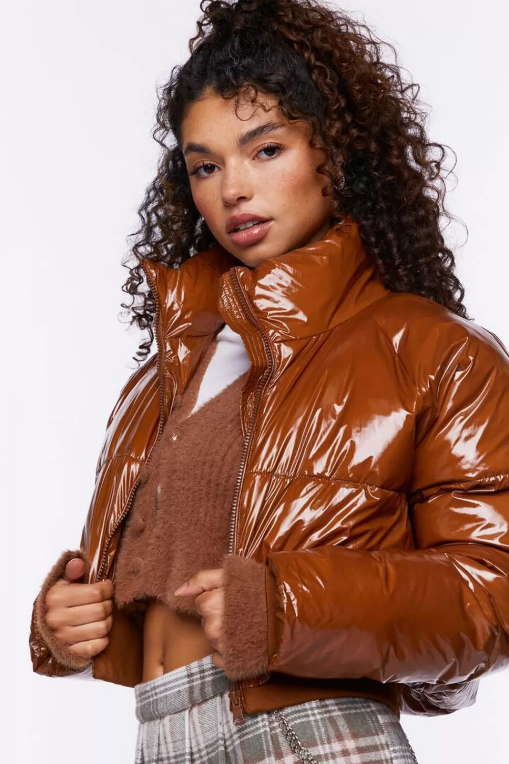 Jackets + Outerwear>Forever 21 Faux Patent Leather Puffer Jacket Brown
