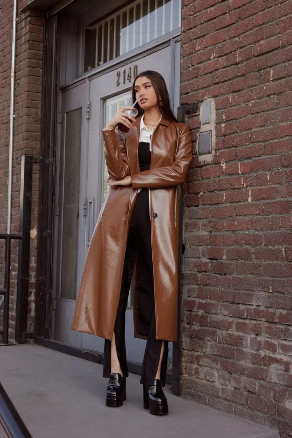 Jackets + Outerwear>Forever 21 Faux Patent Leather Trench Coat Turkish Coffee