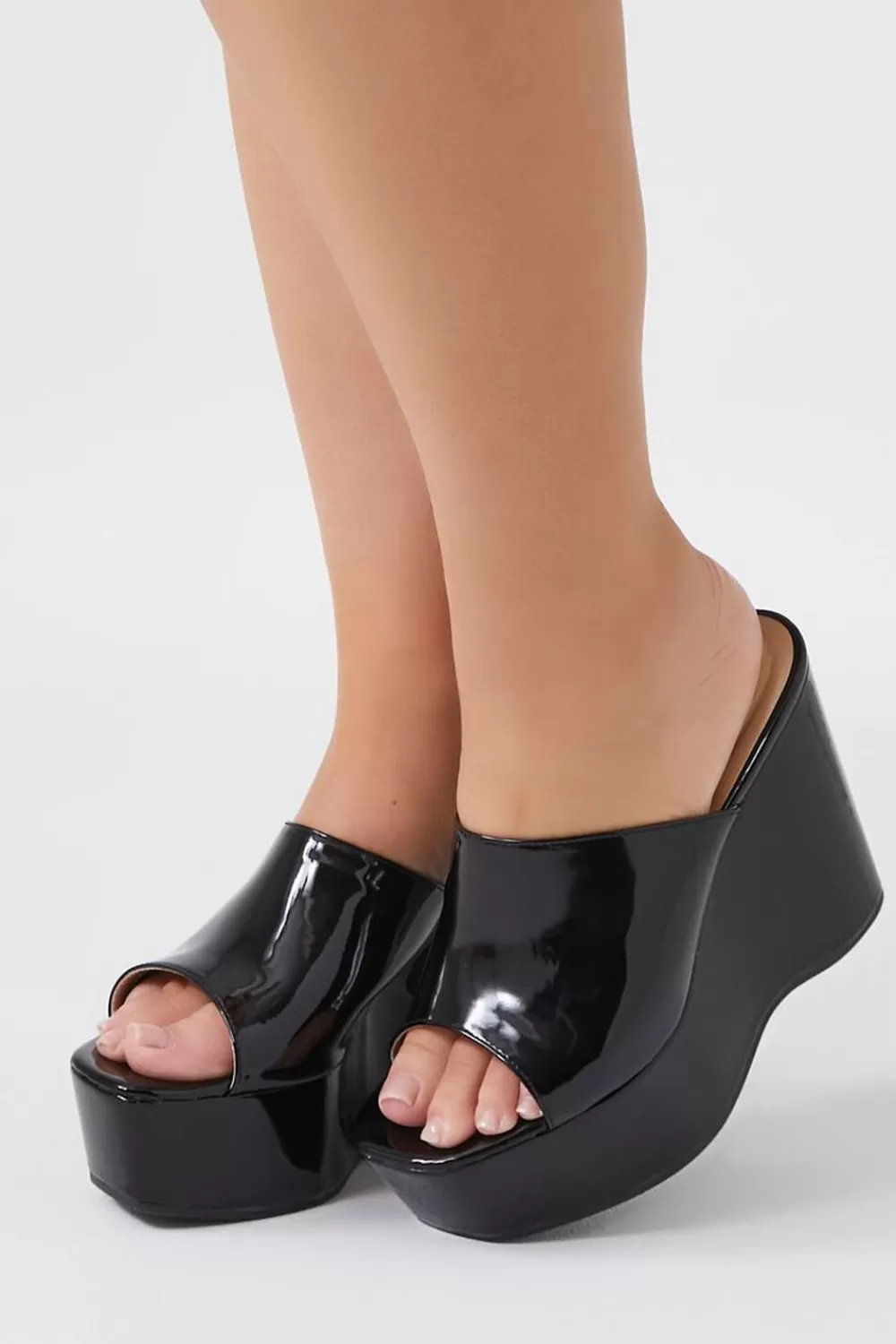 Wedges + Platforms>Forever 21 Faux Patent Leather Wedges (Wide) Black