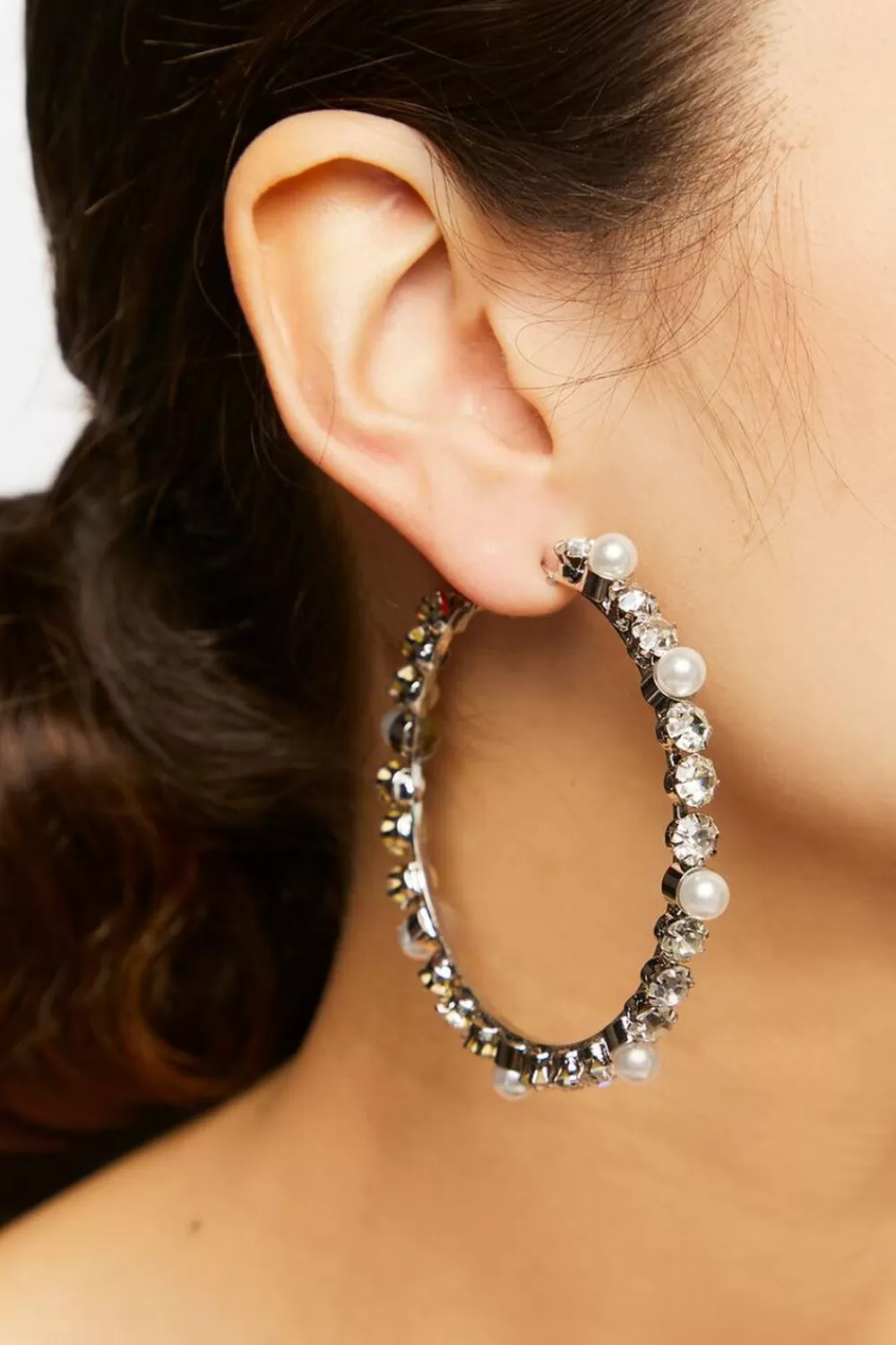 Earrings>Forever 21 Faux Pearl & Gem Hoop Earrings Clear/Silver