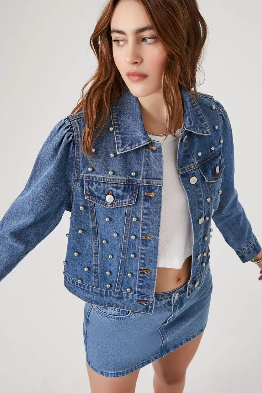 Jackets + Outerwear>Forever 21 Faux Pearl Denim Trucker Jacket Medium Denim