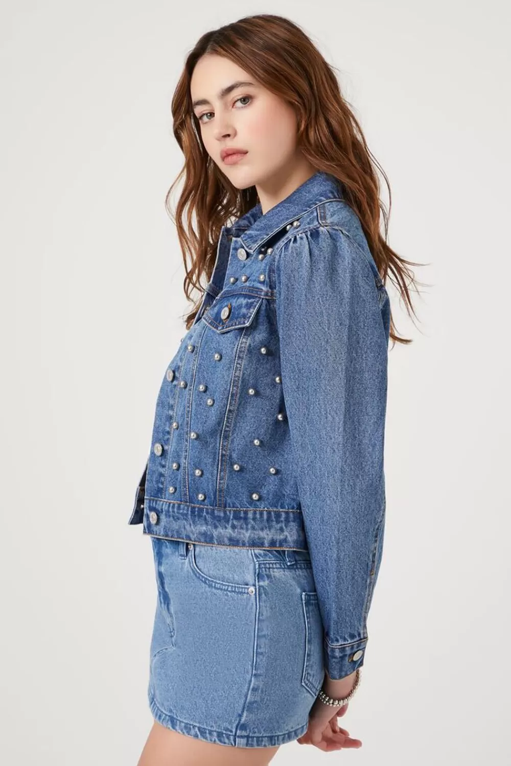 Jackets + Outerwear>Forever 21 Faux Pearl Denim Trucker Jacket Medium Denim