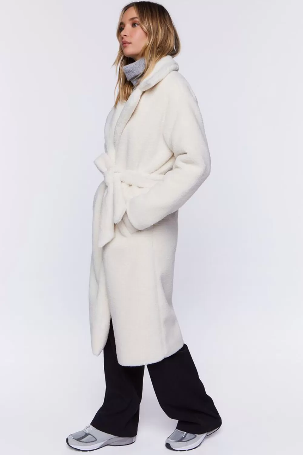 Jackets + Outerwear>Forever 21 Faux Shearling Belted Coat Cream