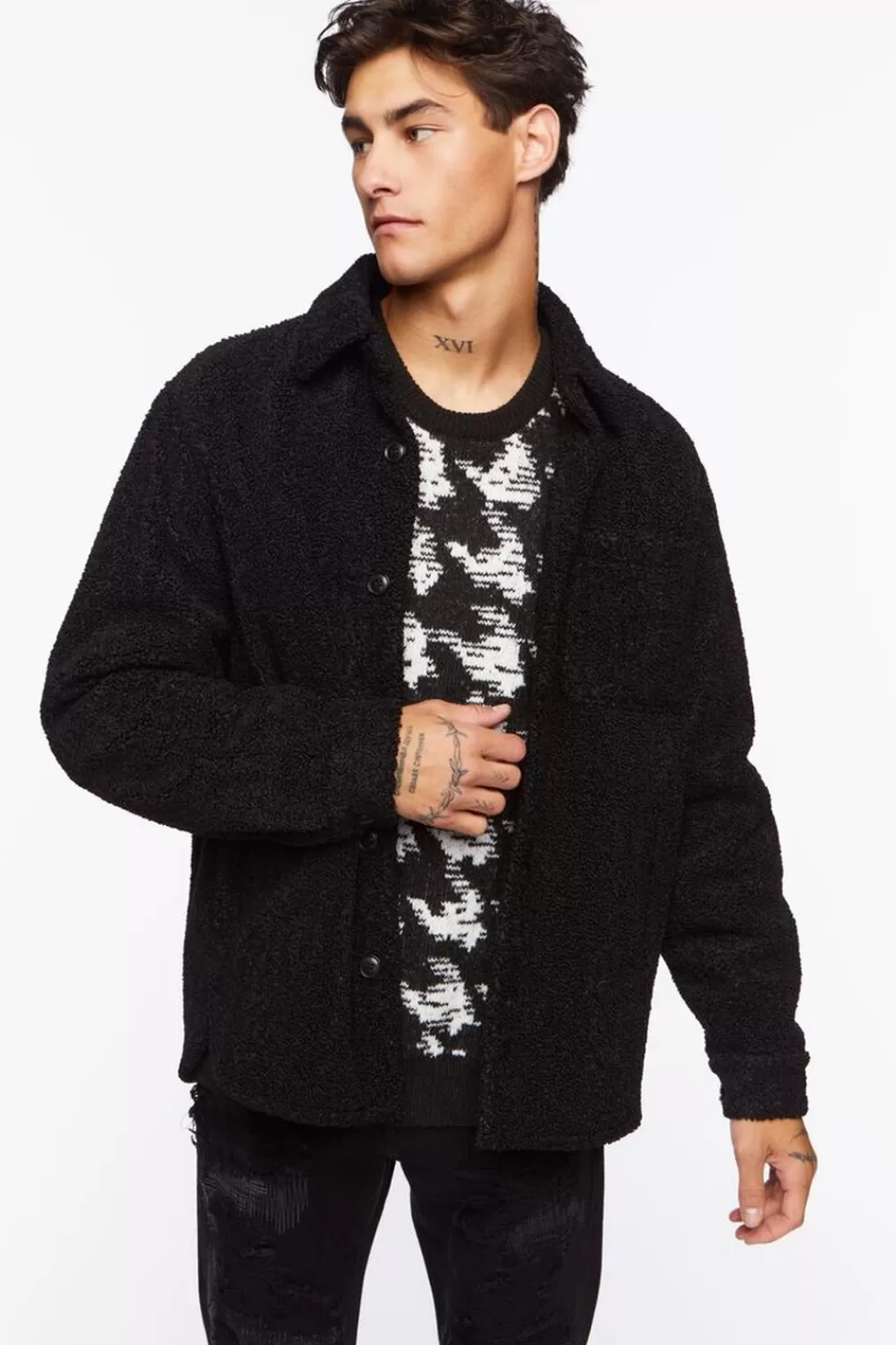 Jackets + Outerwear>Forever 21 Faux Shearling Button-Up Jacket Black