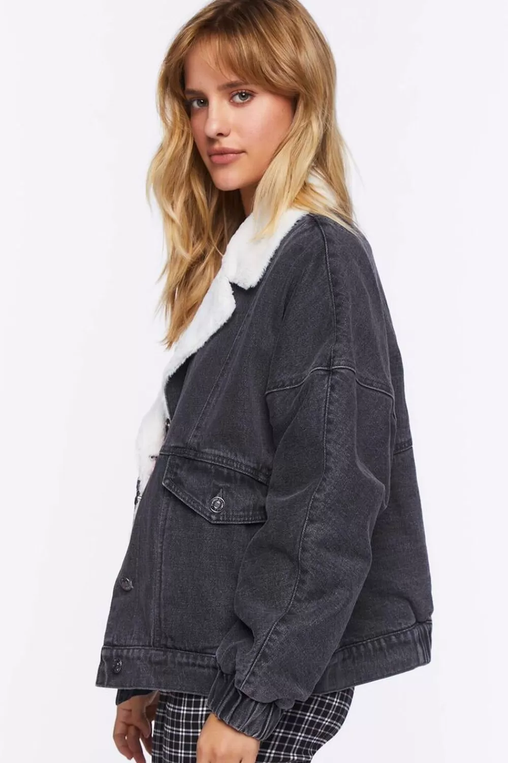 Jackets + Outerwear>Forever 21 Faux Shearling Denim Bomber Jacket Black
