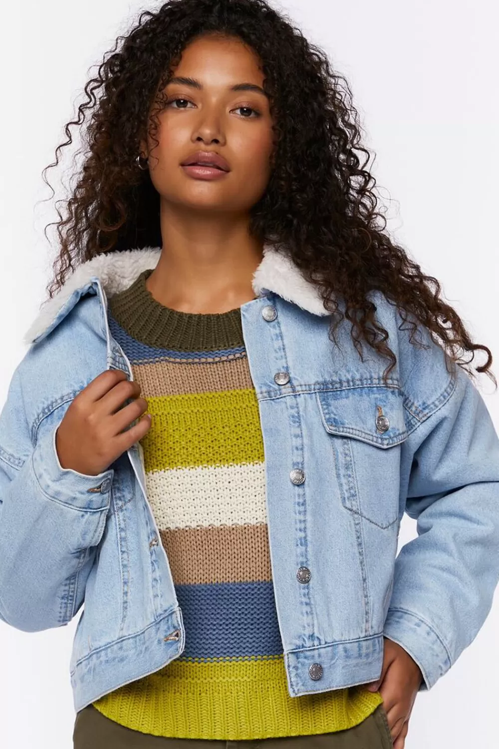 Jackets + Outerwear>Forever 21 Faux Shearling Denim Trucker Jacket Light Denim