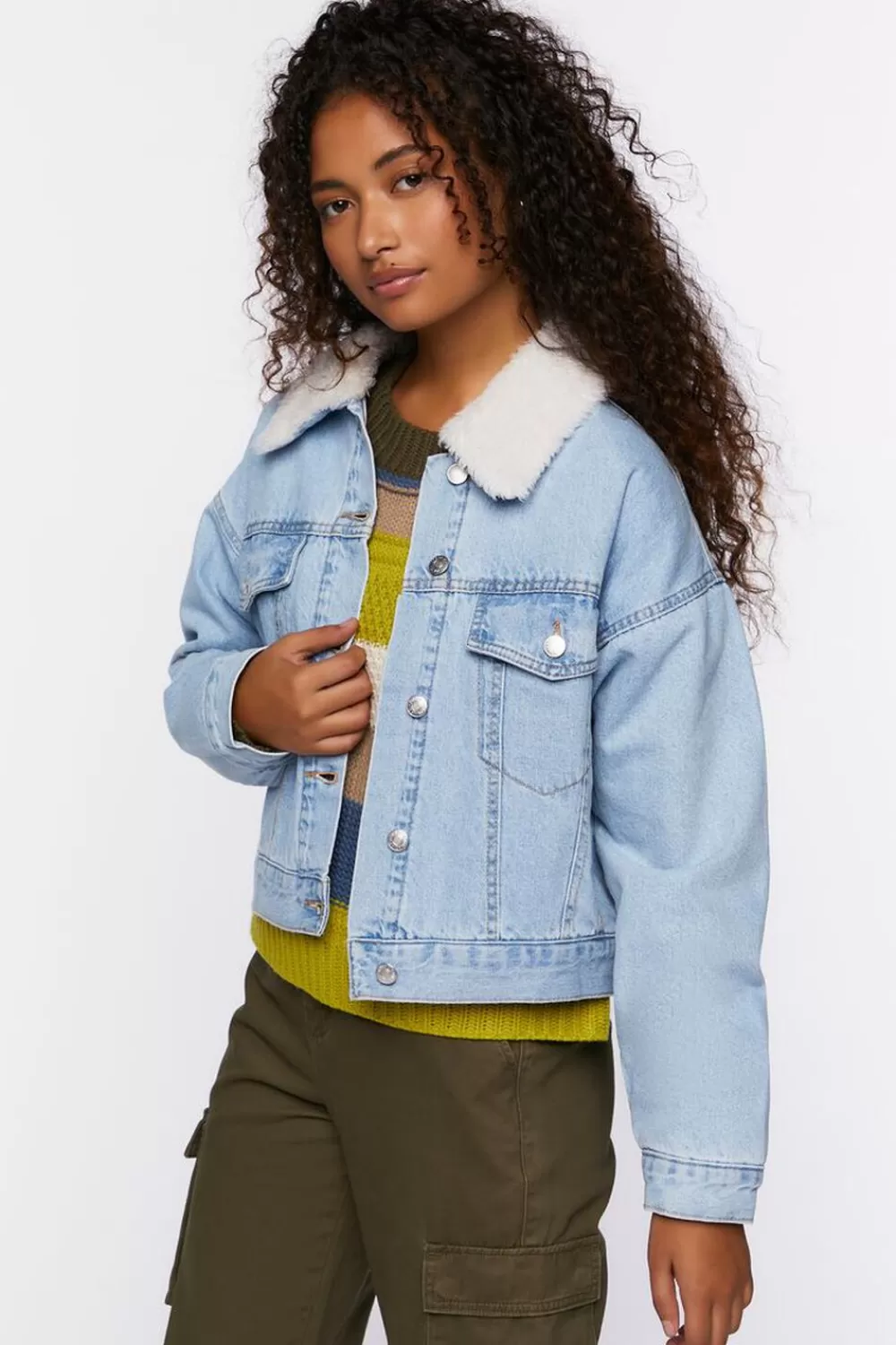 Jackets + Outerwear>Forever 21 Faux Shearling Denim Trucker Jacket Light Denim