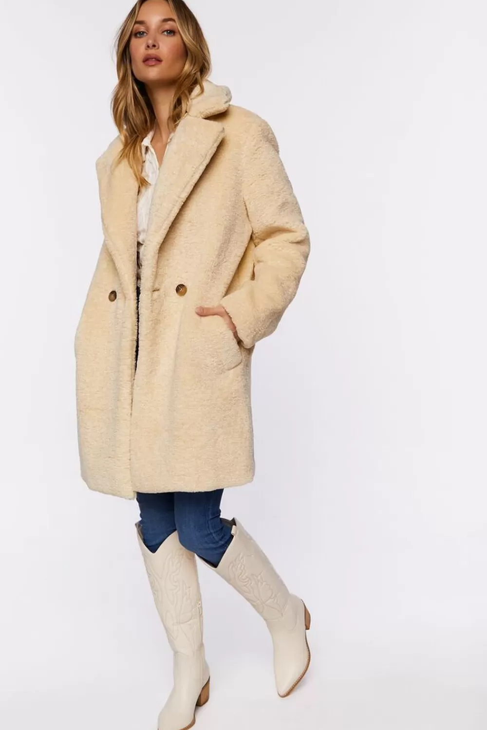Jackets + Outerwear>Forever 21 Faux Shearling Duster Coat Sand