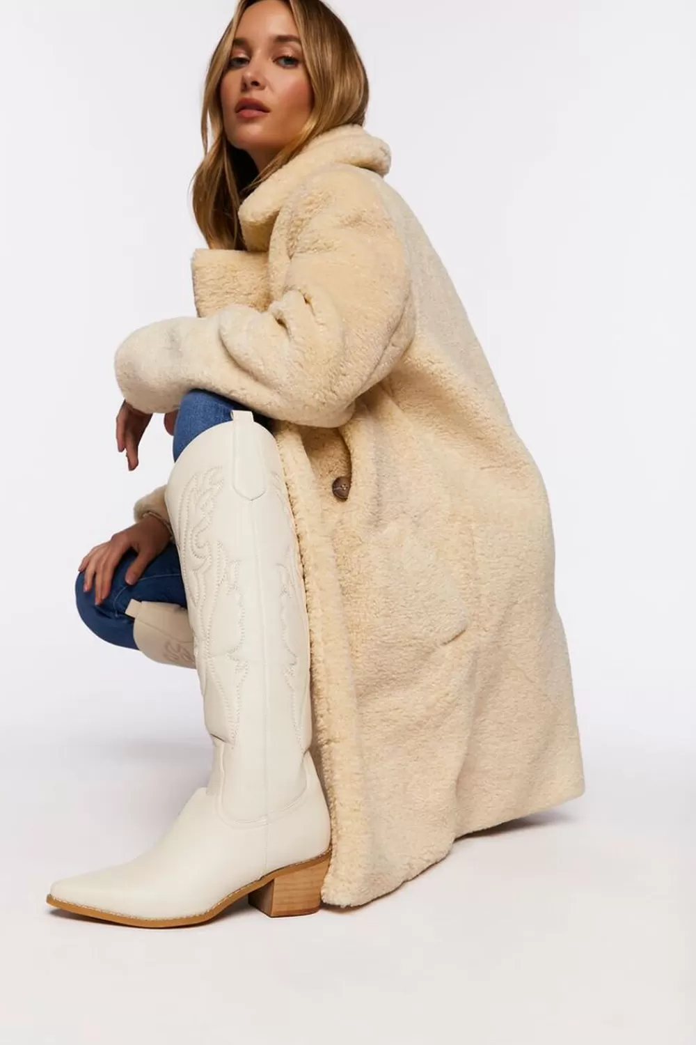 Jackets + Outerwear>Forever 21 Faux Shearling Duster Coat Sand