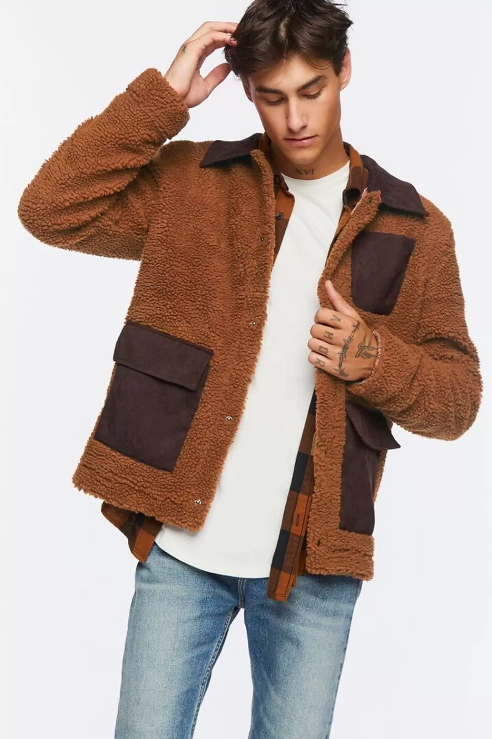 Jackets + Outerwear>Forever 21 Faux Shearling Snap-Button Jacket Brown