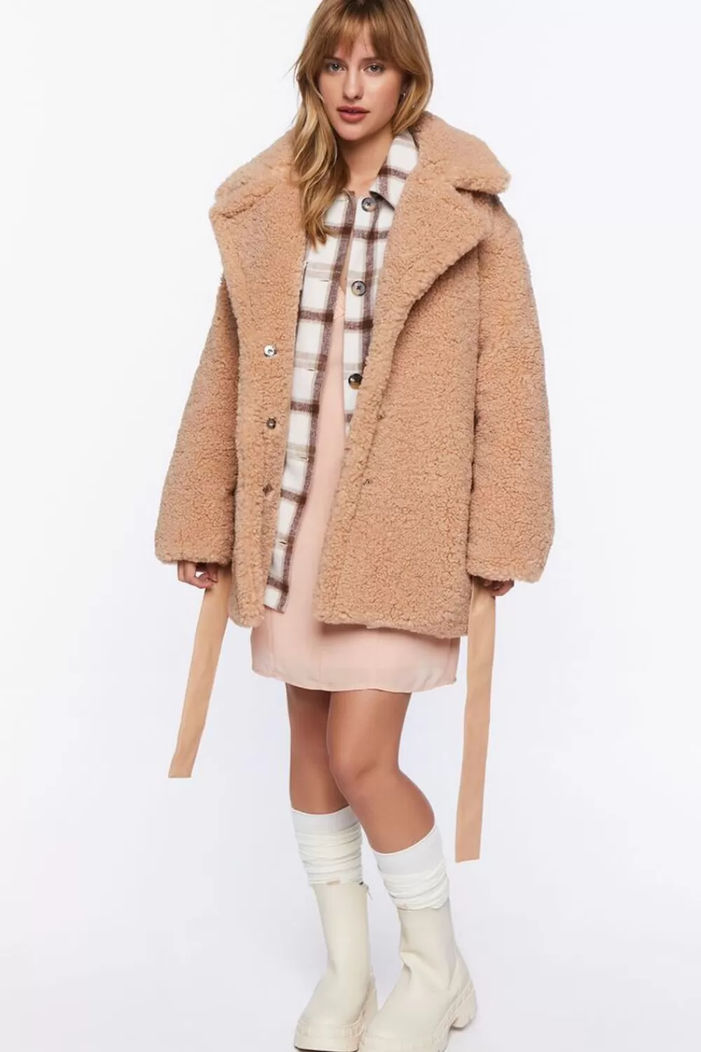 Jackets + Outerwear>Forever 21 Faux Shearling Wrap Teddy Coat Tan