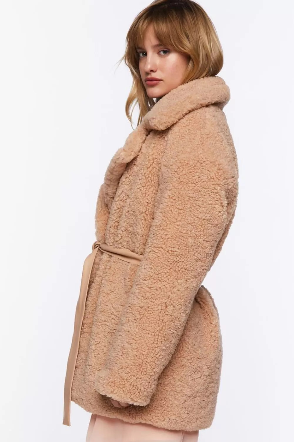 Jackets + Outerwear>Forever 21 Faux Shearling Wrap Teddy Coat Tan