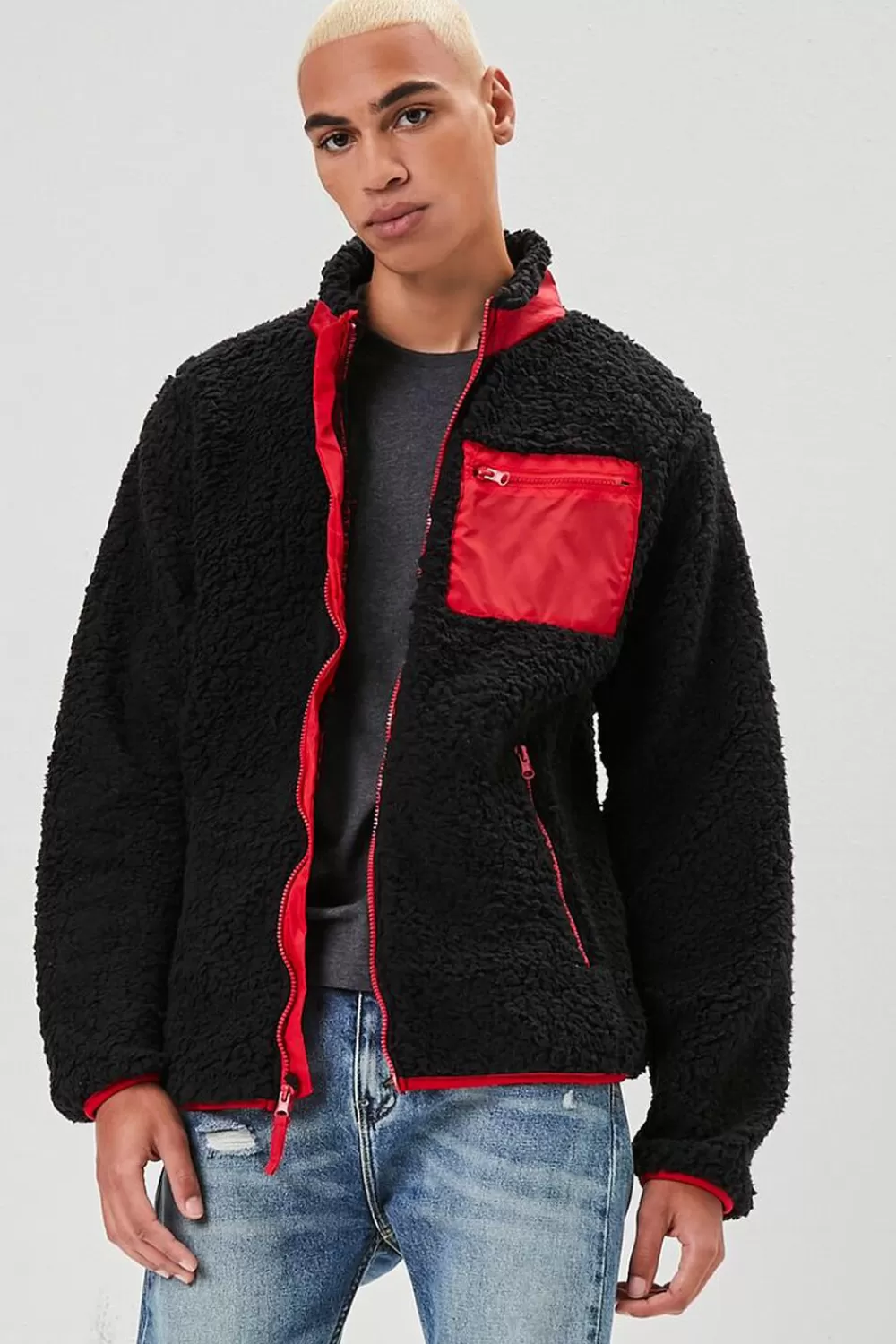 Jackets + Outerwear>Forever 21 Faux Shearling Zip-Up Jacket Black