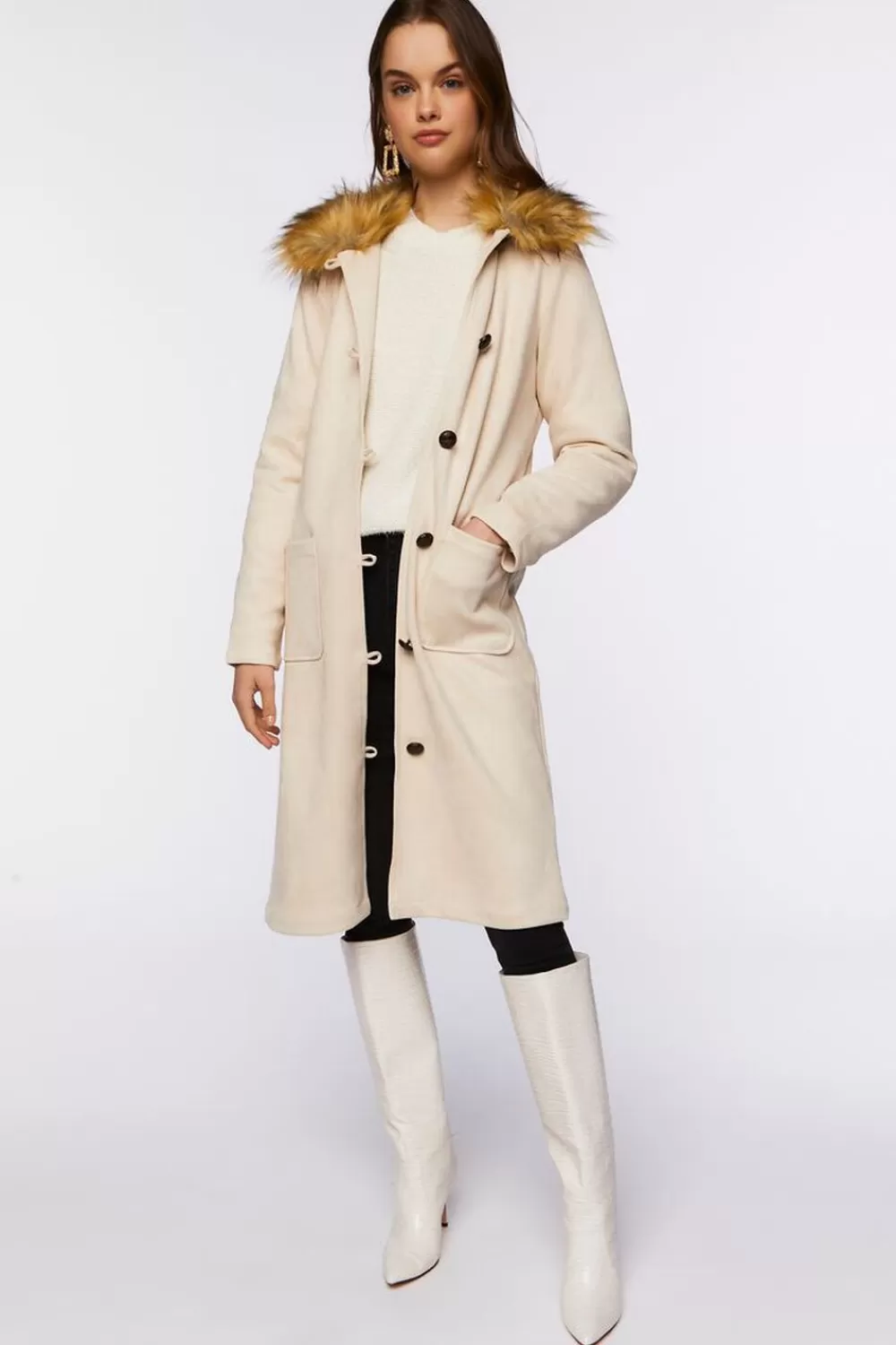 Jackets + Outerwear>Forever 21 Faux Suede & Fur Longline Coat Sand/Multi
