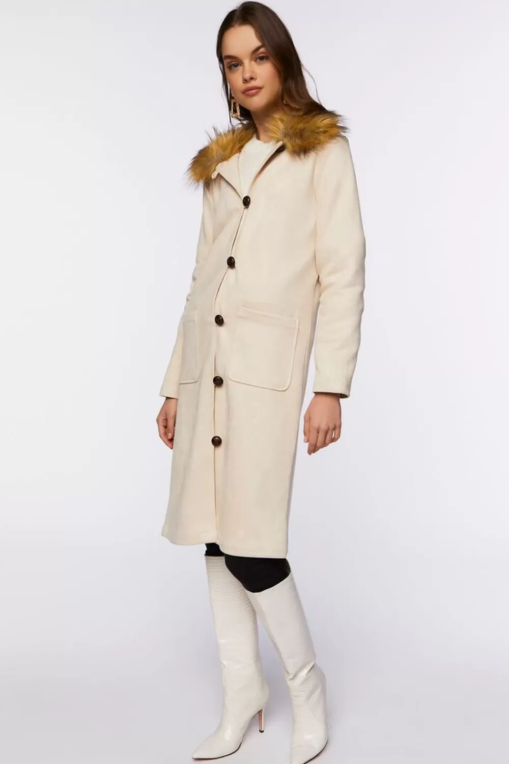 Jackets + Outerwear>Forever 21 Faux Suede & Fur Longline Coat Sand/Multi