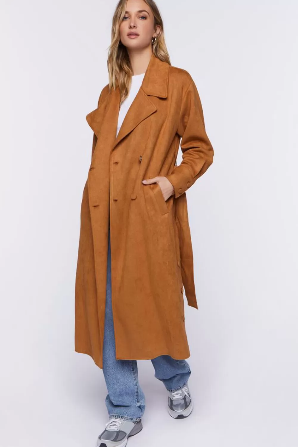Jackets + Outerwear>Forever 21 Faux Suede Belted Trench Coat Camel