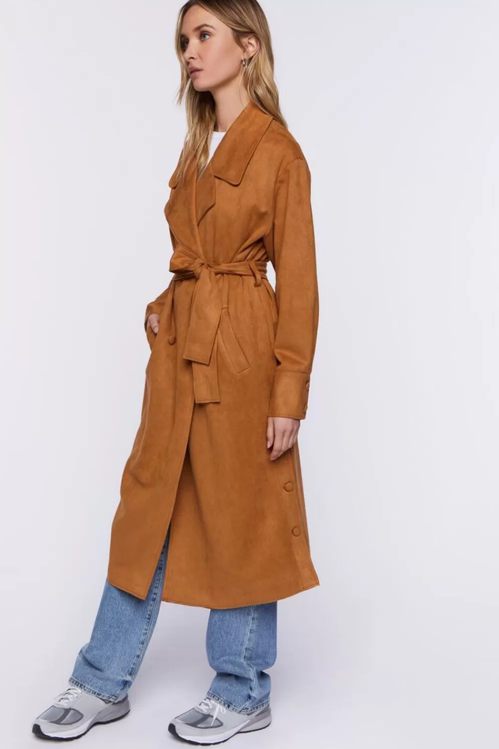 Jackets + Outerwear>Forever 21 Faux Suede Belted Trench Coat Camel