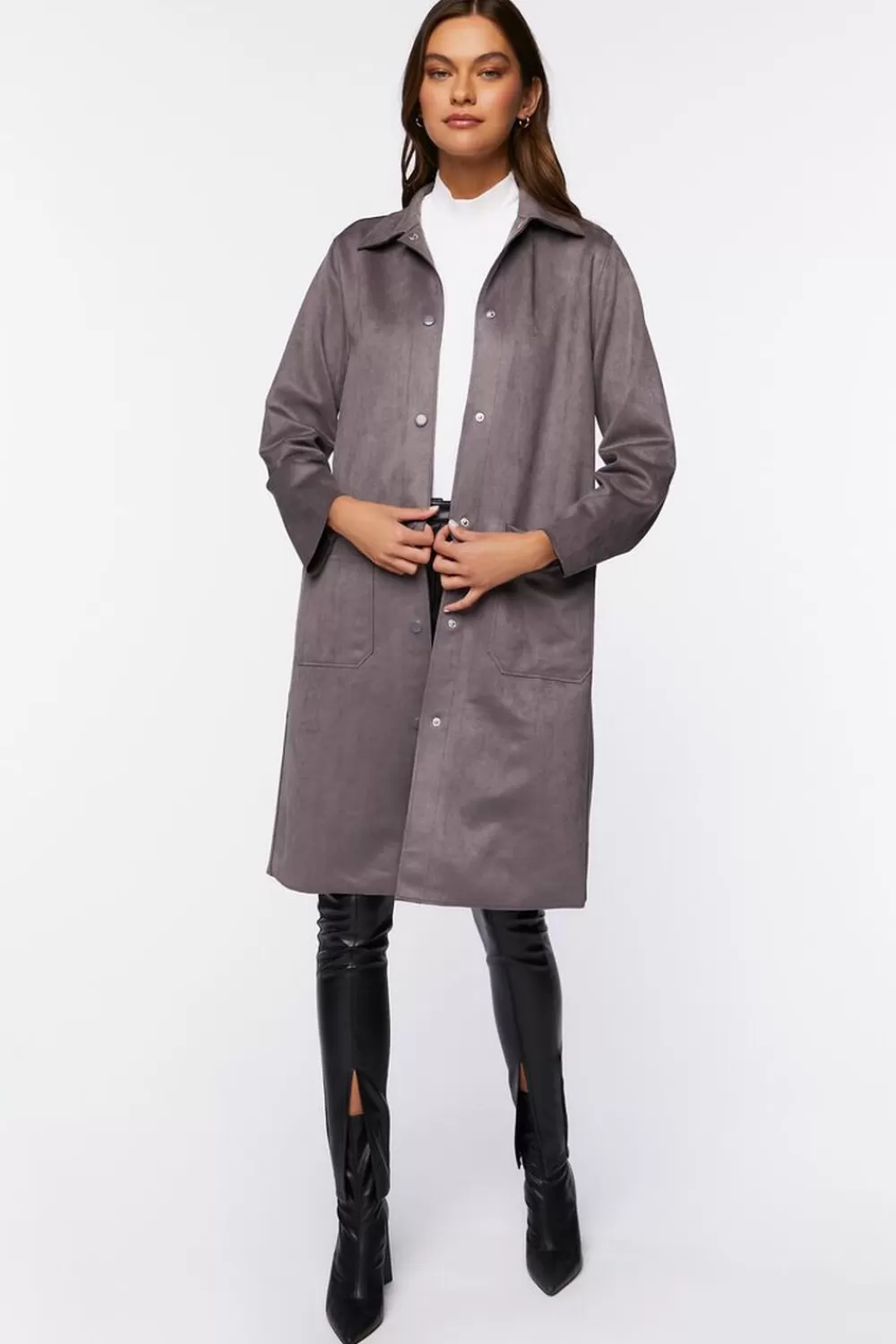 Jackets + Outerwear>Forever 21 Faux Suede Button-Front Duster Coat Steeple Grey