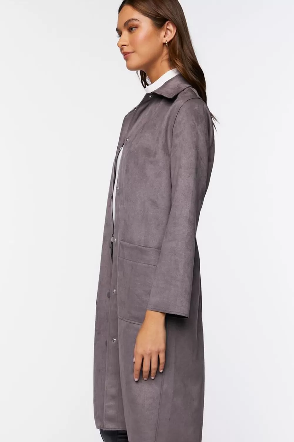 Jackets + Outerwear>Forever 21 Faux Suede Button-Front Duster Coat Steeple Grey