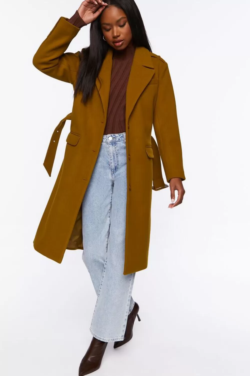 Jackets + Outerwear>Forever 21 Faux Wool Belted Trench Coat Cigar