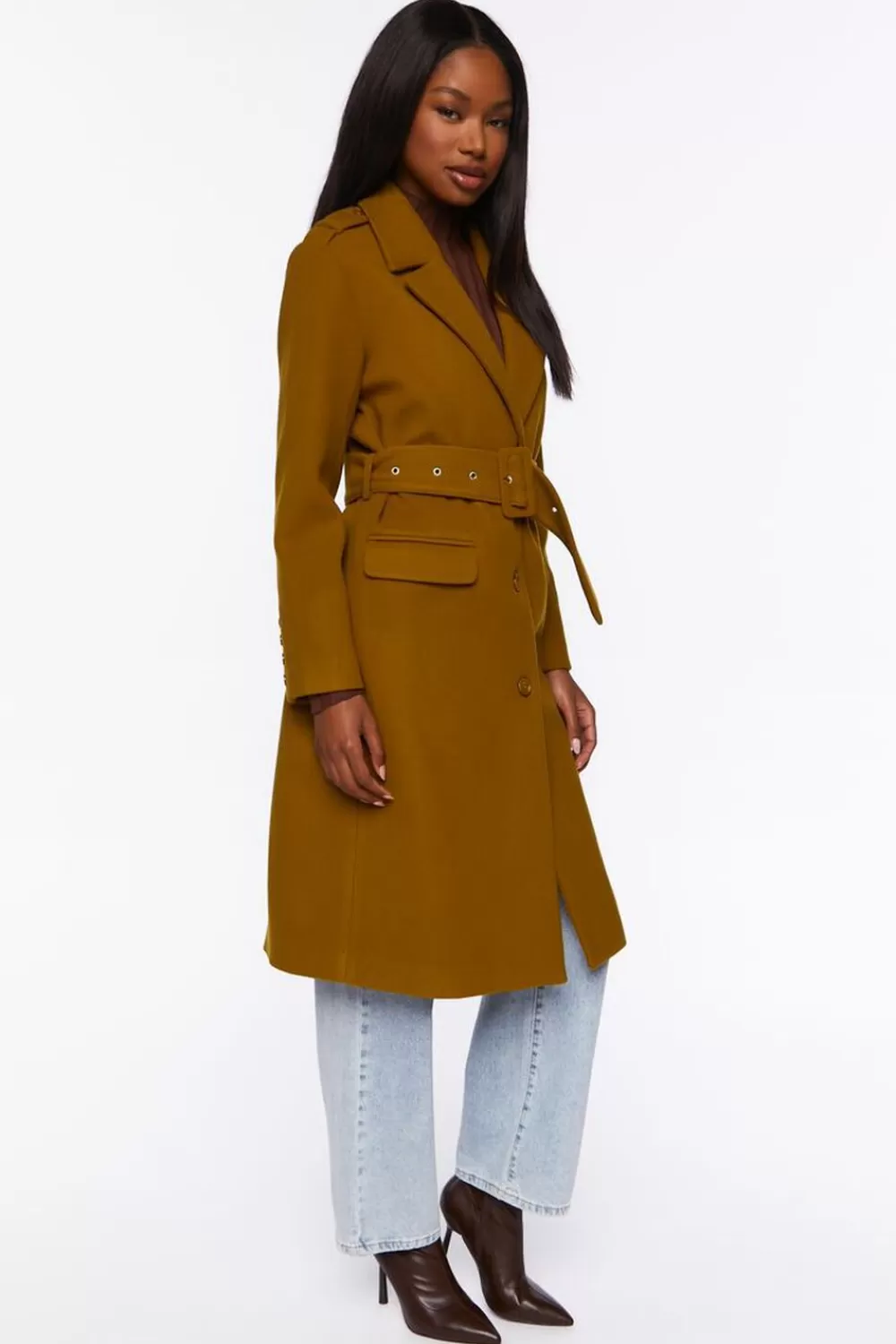 Jackets + Outerwear>Forever 21 Faux Wool Belted Trench Coat Cigar