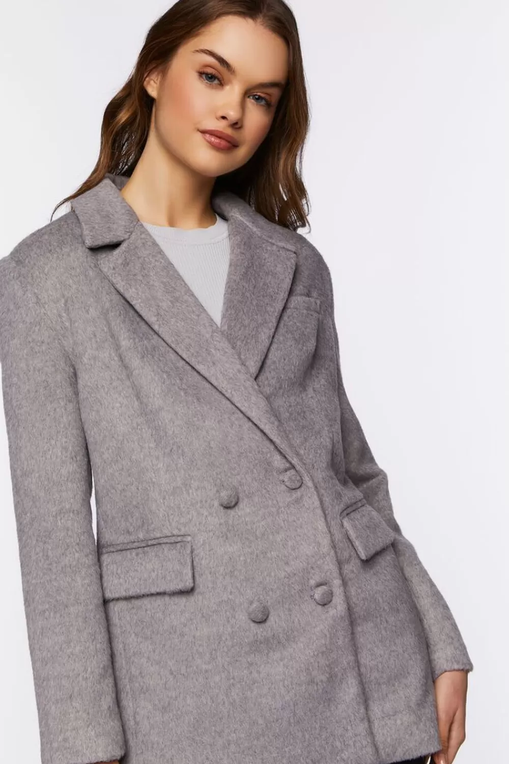 Jackets + Outerwear>Forever 21 Faux Wool Double-Breasted Blazer Heather Grey
