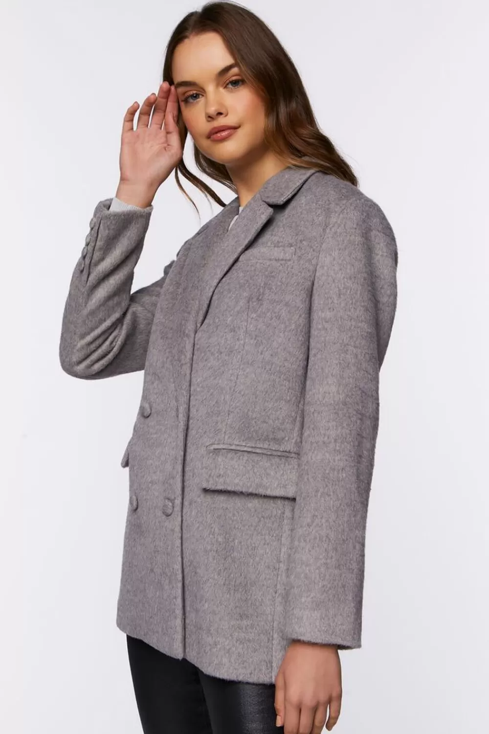 Jackets + Outerwear>Forever 21 Faux Wool Double-Breasted Blazer Heather Grey