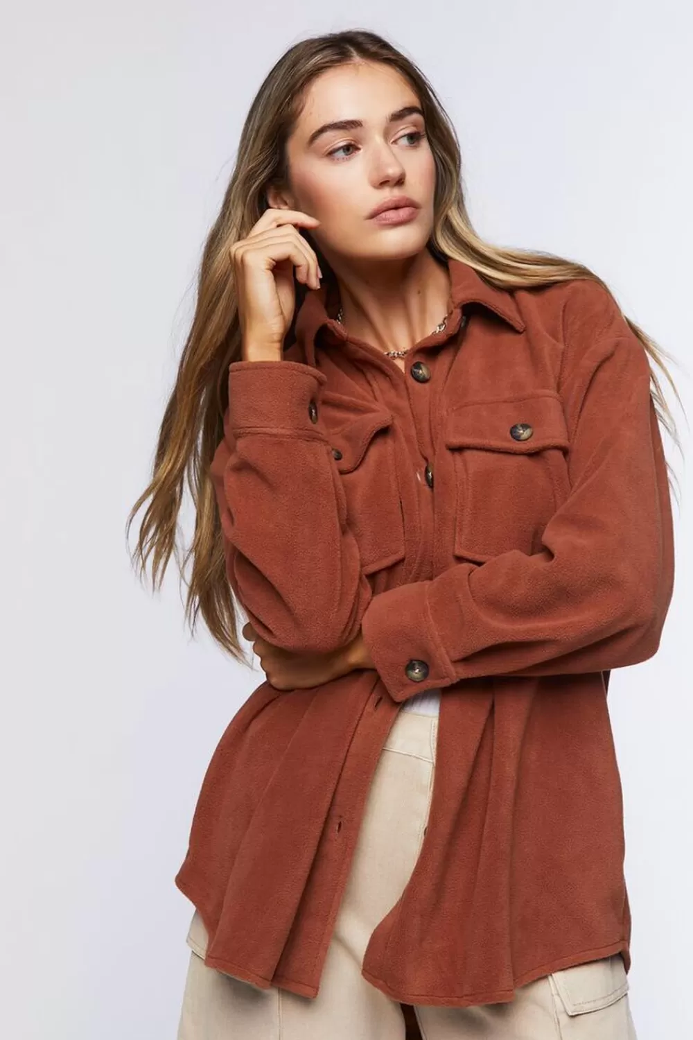 Jackets + Outerwear>Forever 21 Fleece Button-Front Shacket Brown