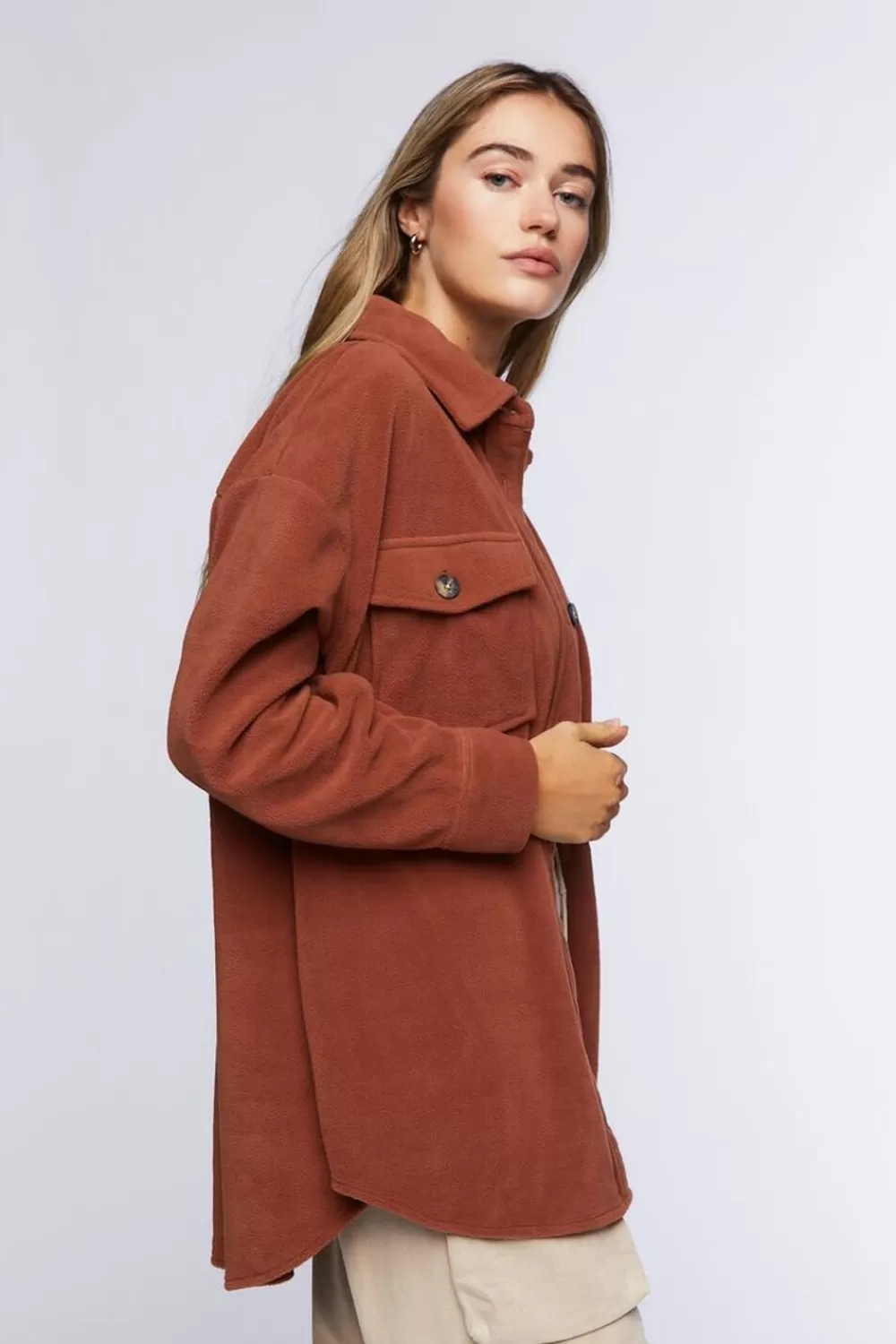 Jackets + Outerwear>Forever 21 Fleece Button-Front Shacket Brown