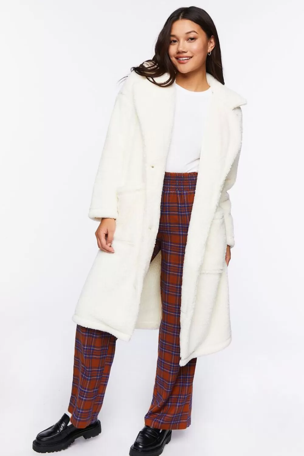 Jackets + Outerwear>Forever 21 Fleece Longline Coat Cream