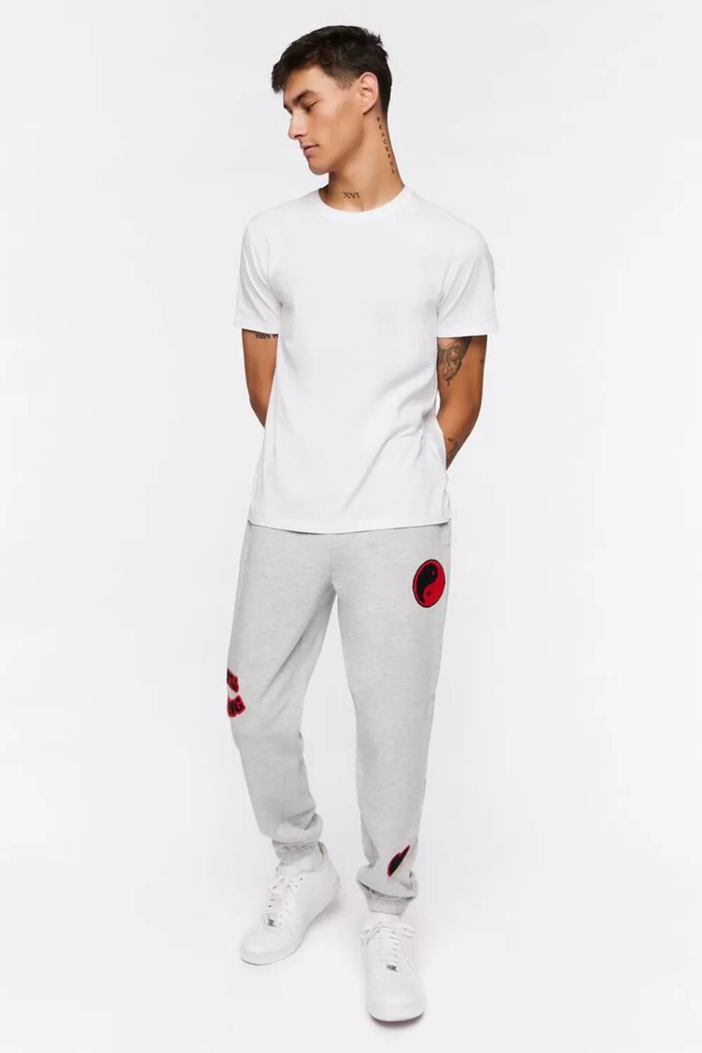 Matching Sets>Forever 21 Fleece Still Going Chenille Patch Joggers Heather Grey/Multi